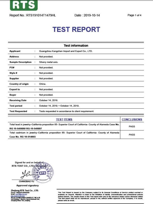 Prop 65 Test - KC jewelry(HK) CO.,LTD