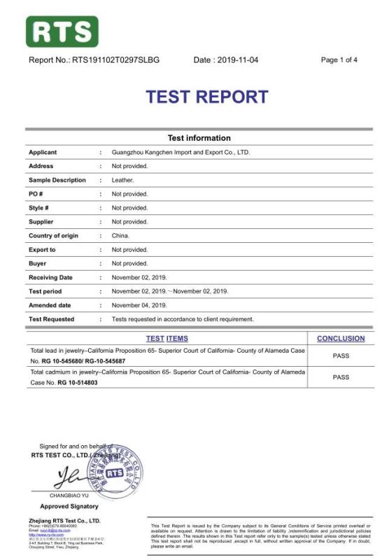 Prop 65 Test - KC jewelry(HK) CO.,LTD