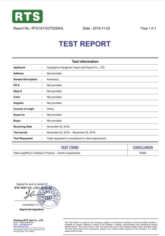 Prop 65 Test - KC jewelry(HK) CO.,LTD