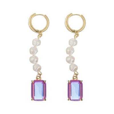 中国 Stainless Steel Pearl Pendant Crystal Stone Hoop Earrings Rectangular Gold Plated 販売のため