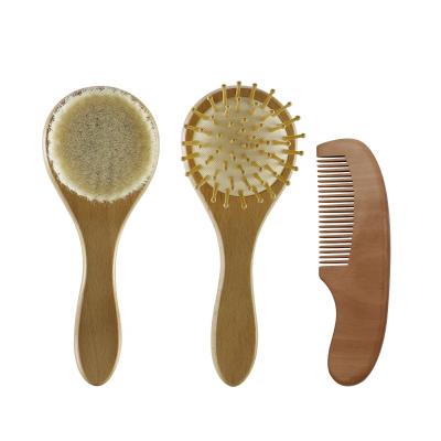 China High Quality Paddle Paddle 3 Pieces Baby Hair Brush and Comb Wooden Set Soft Goat Hair Baby Hair Brush for Newborns for sale