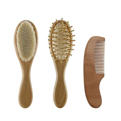 China Hot Selling Professional Baby Hair Brush Paddle 3 Pieces and Comb Set Goat Hair Baby Hair Brush Kit for sale