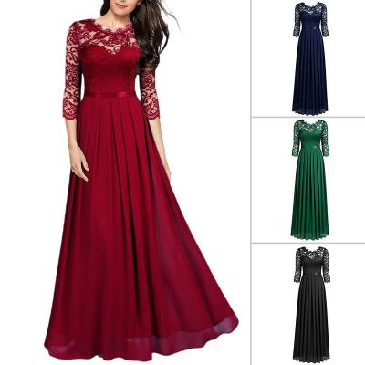 China 2020 Spring Women Summer Luxury Washable Chiffon Sexy Stitching Dress Round Neck Long Lace Skirt Evening Dress Women's Clothing for sale