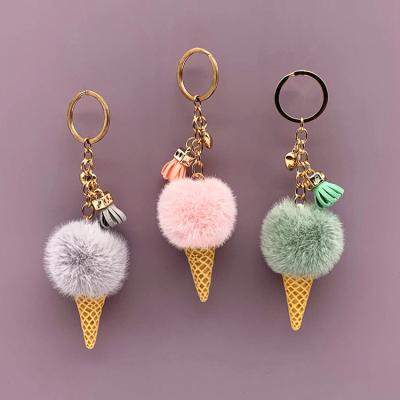 China Promotional Gifts Plush Cute Cartoon Plush Ice Cream Bag Cone Car Key Chain Ring Hair Ball Dangle Key Chain for sale