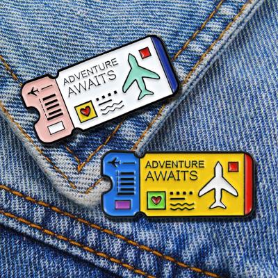 China Europe Japanese style enamel plane ticket pin new adventure awaits canvas bag accessories decorative brooch for sale