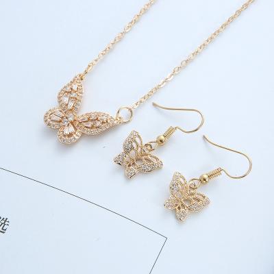 China FASHIONABLE Copper Pendant Necklace Earring Butterfly Zircon Micro-inlay Two-Piece Bridal Dress Jewelry Set for sale