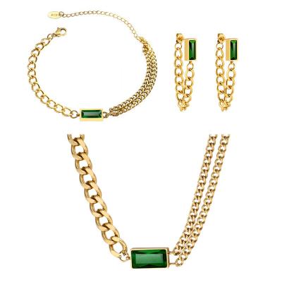 China FASHIONABLE Design Trendy Gold Plated Small Square Green Zircon Necklace Bracelet Earring Set Jewelry For Women for sale