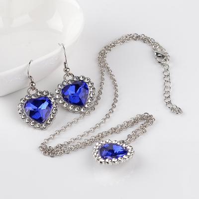 China Trendy Blue Ocean Heart Gemstone Design Fashion Pendant Necklace and Earrings for Women Jewelry for sale