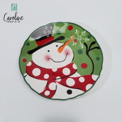 China Viable High Quality Unique Hand Painted Green Snowman Pattern Design Ceramic Dish Set for sale