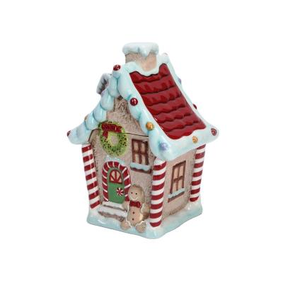 China ODM Design Customize Ceramic Gingerbread House Food Storage Container Christmas Decoration Candy Cookie Jar Gift for sale