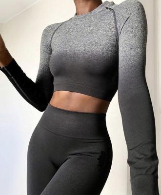 China Breathable Fitness Active Wear New Arrival Long Sleeve Legging Ribbed Ombre Yoga Set for sale