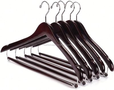 China Multifunctional Contoured Sturdy Wood Coat Hangers Wooden Suit Hangers with Locking Bar Chrome Hook Pack of 5 (Walnut) for sale