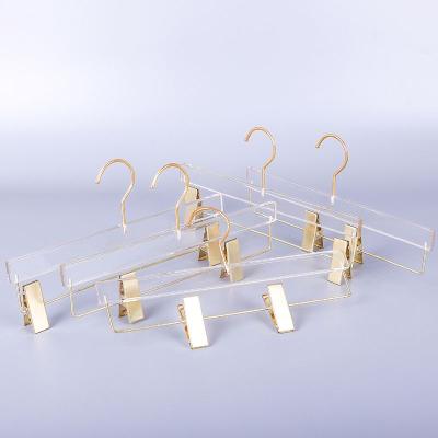 China Goods Wholesale Logo Transparent Acrylic Pants Hanger Custom Made With Copper Staples for sale