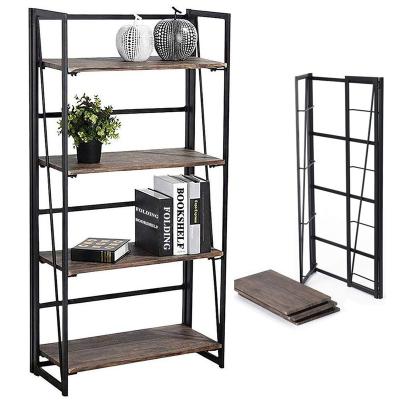 China Expandable Nordic Custom Design Collapsible Folding Bookshelves OEM 4 Tiers Wooden Living Room Shelf for sale