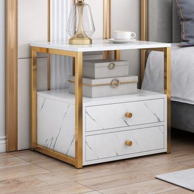 China Nordic Modern Light Luxury Convertible Gold Metal Leg Annotate MDF White Wooden Bedside Table for sale