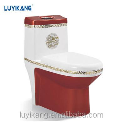 China Double-Flow L880 Lovely Gold Red Ceramic WC Set Hotel Furniture Toilet Gold Bathroom Floor Ceramic Toilet Set for sale