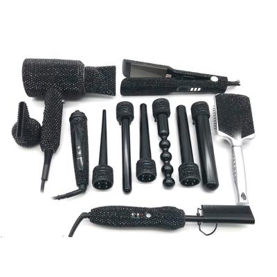 China Outdoor Professional Salon Tools Bling Hot Luxury Flat Iron Hair Tools Diamond Hair Dryer Set for sale