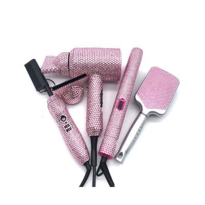 China Fashional Outer Hair Rose Crystal Rhinestone Hair Straightener and Hot Comb and Dryer Set for sale