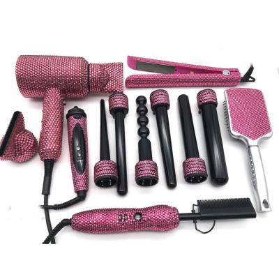 China Outdoor Professional Salon Tools Bling Hot Luxury Flat Iron Hair Tools Diamond Hair Dryer Sets for sale