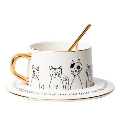 China Simple black and white ceramic Nordic style cat coffee cup and saucer set of milk coffee tea cup for sale