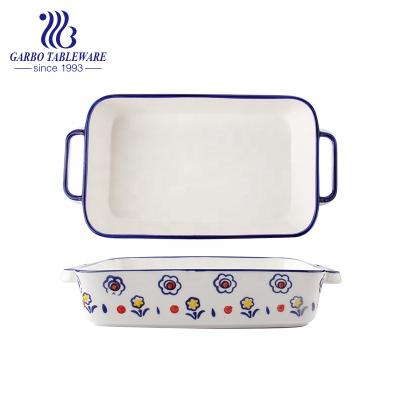 China 11.5 Inch Sustainable Blue Printing Rectangular Ceramic Roasting Pan With Double Handles Porcelain Baking Pan for sale