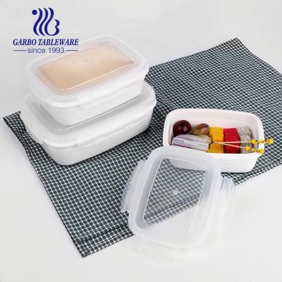 China Set 3PCS Porcelain Food Container Viable White Rectangular Lunch Box Ceramic Storage Box With Air Tight Lid for sale