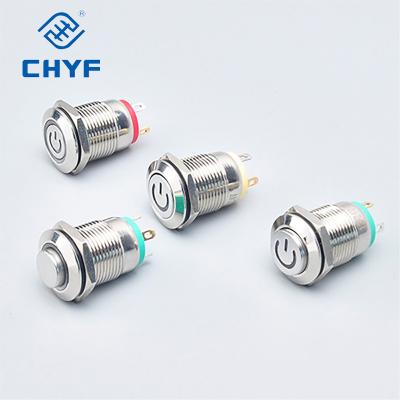 China CHYF Hot Sale 12mm Momentary Three Terminal Type 2A Push Button Switch With Panel Power Red Blue Green Symbol 12-P10F-E for sale