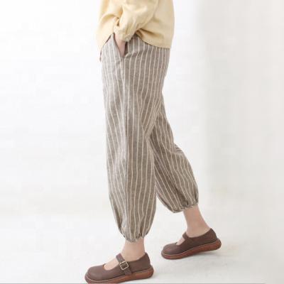 China Spring Loose 100% Leisure Pants QUICK DRY Female Casual Striped Wide Leg Ninth Leg Harem Pants for sale