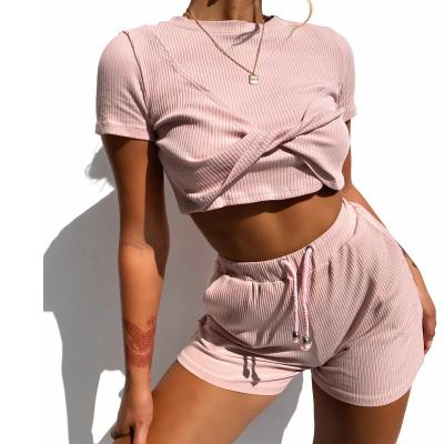 China Fashion QUICK DRY Women Two Piece Set Clothing Women Sexy Chain Knitted Tops And Shorts 2 Piece Turtle Neck Set Women for sale