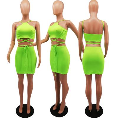 China Wholesale QUICK DRY fashionable sexy women's clothing set strappy bandage gear two-piece bodycon halter 2 piece skirt set for sale