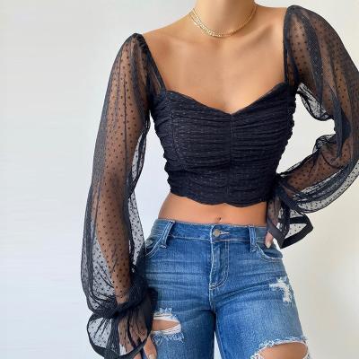 China Wholesale Fashion Anti-pilling Women Sexy Chiffon Tops Blouses Puff Sleeves Long Square Neck Ladies Tops for sale