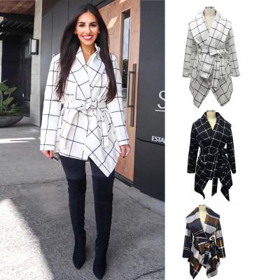 China Anti-Wrinkle Ladies Classic Wear Large Asymmetric Collar Women Check Coat for sale