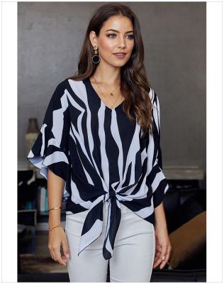 China New Anti-pilling Blouse Summer Loose V-neck Seven-minute Main Sleeve Hem Knotted Striped Top for sale