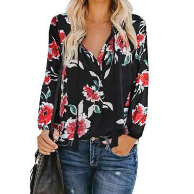 China Hot Selling Floral Print V-neck Anti-pilling Long Sleeve Tops Casual Loose Blouse Shirt for sale