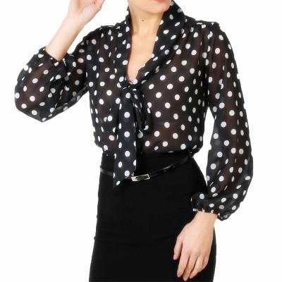 China Anti-pilling long sleeves blouse neck bow shirt print summer transparent women hot sale blouse designs casual blouses and tops for women for sale