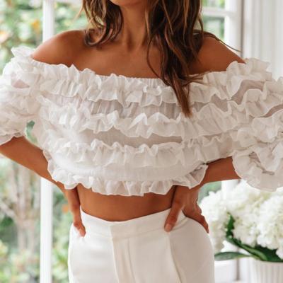 China Anti-pilling latest design fall apparel for women full ruffles flare tops chiffon flare sleeve off the shoulder blouse for sale