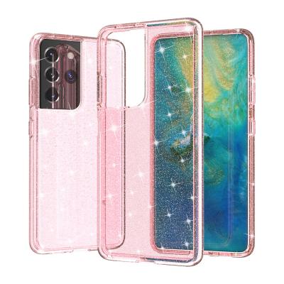 China Anti-fall PC TPU Transparent Plastic Pink Glitter Mobile Phone Case Cover For Samsung S21 Ultra for sale