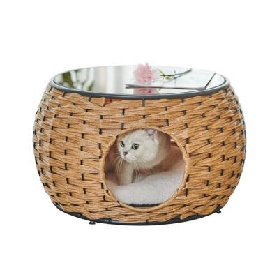 China Multifunctional Travel Pet Supplies Modern Pet Furniture Glass Tea Shelter Table Rattan Bed Home for sale