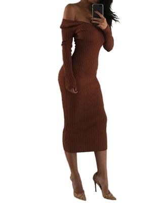 China Fashionable Designer Breathable Sexy Casual Brown Drop Cold Knit Women Maxi Sweater Dress for sale