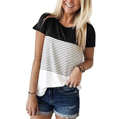 China 2021Arrival Summer Viable Custom Striped Short Sleeve Plain Cotton 100%Cotton Tee Tops Casual Round Neck Camisetas Mujer Basic T Shirt for sale