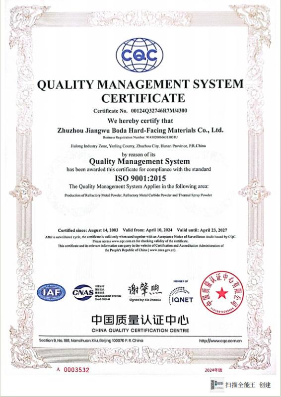 ISO9001 - Zhuzhou Jiangwu Boda Hard-Facing Materials Co., Ltd.