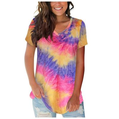 China Wholesale Custom 3D Printing Anti-wrinkle Tie-Dye T-shirt Fashion Design Summer Lady Pullover Tie-Dye V-Neck Women's T-Shirt for sale