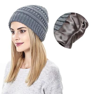 China Fashion Leisure 2021 Winters Private Label Chunky Knit Thick Warm Satin Hat Custom Made Silk Striped Hat for sale