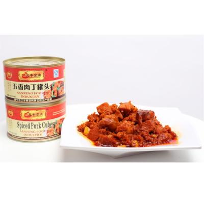 China 380g canned per canned chinese food cooked pork braised spicy pork cube canned meat for sale