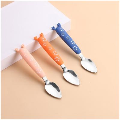 China Cute BPA Free Cartoon Sika Brightbebe Deer Safe Kids Toddler Baby Food Supplement Scraper Fruits Stainless Steel Baby Feeding Spoons for sale