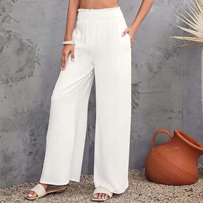 China Hot Selling Breathable Office Pants Length Pants Wide Leg Pants Pockets Elegant Women High Waist Pleated Solid Cotton And Canvas Mid Waist for sale