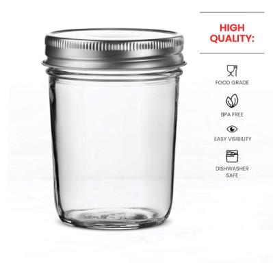 China Glass regular mouth 8oz mason jars with lids silver metal airtight for food storage for sale