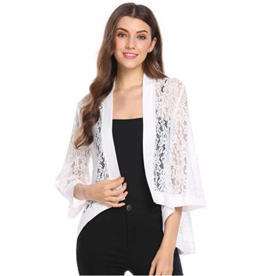 China Anti-wrinkle women white and black casual sheer lace crochet cardigan 3 sleeve 4 cover up sweater for sale