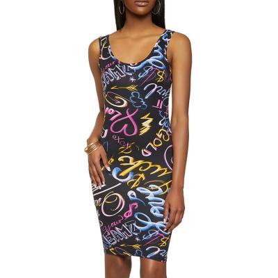 China 2021 Custom Floral Print Bodycon Elegant Women Anti-Static SleevelessCasual Solid Round Neck Dresses for sale