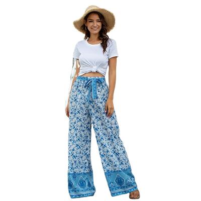 China Women Anti-Wrinkle Summer Casual Warm Wide Legs Pants Female Long Pants Lace Up Printed Street Wear for sale